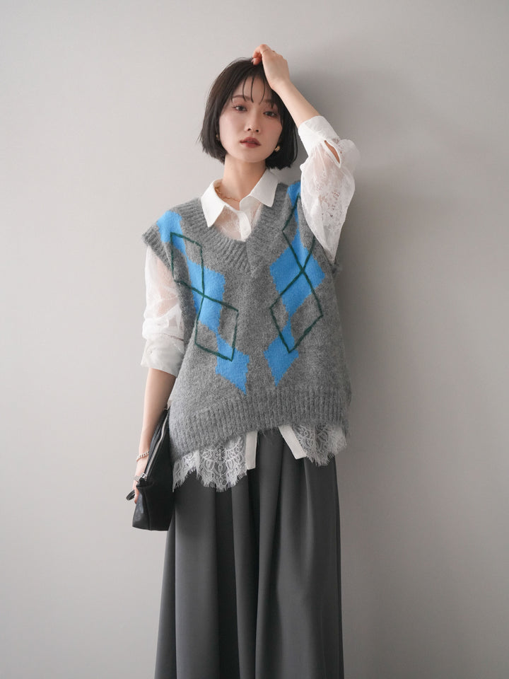 [SET]アーガイルVネックニットベスト+選べるアクセセット(2set)