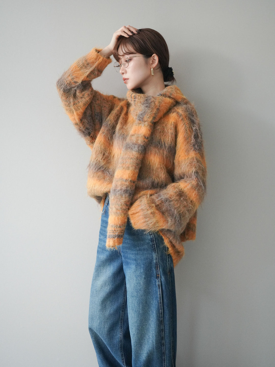 [予約]ストール付シャギーマルチボーダーニットプルオーバー/yellow