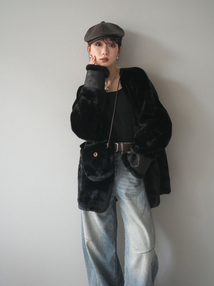 [SET]バッグ付エコファーノーカラーコート+ベルト付カーブデニムパンツ(2set)