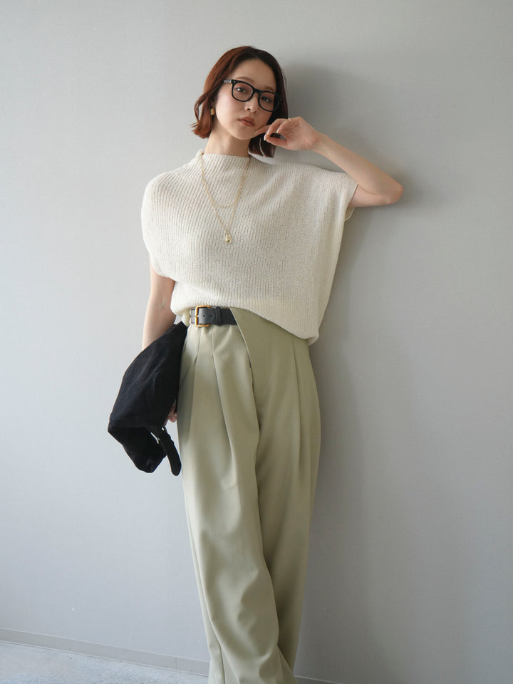 [SET]アシンメトリーローゲージニットトップス+アシンメトリーベルトタックワイドパンツ(2set)