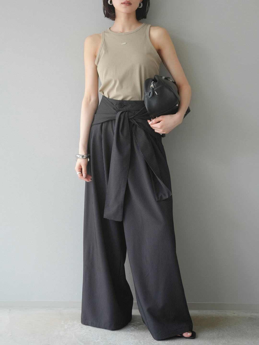 【預購】條紋裹腰闊腿褲/黑色