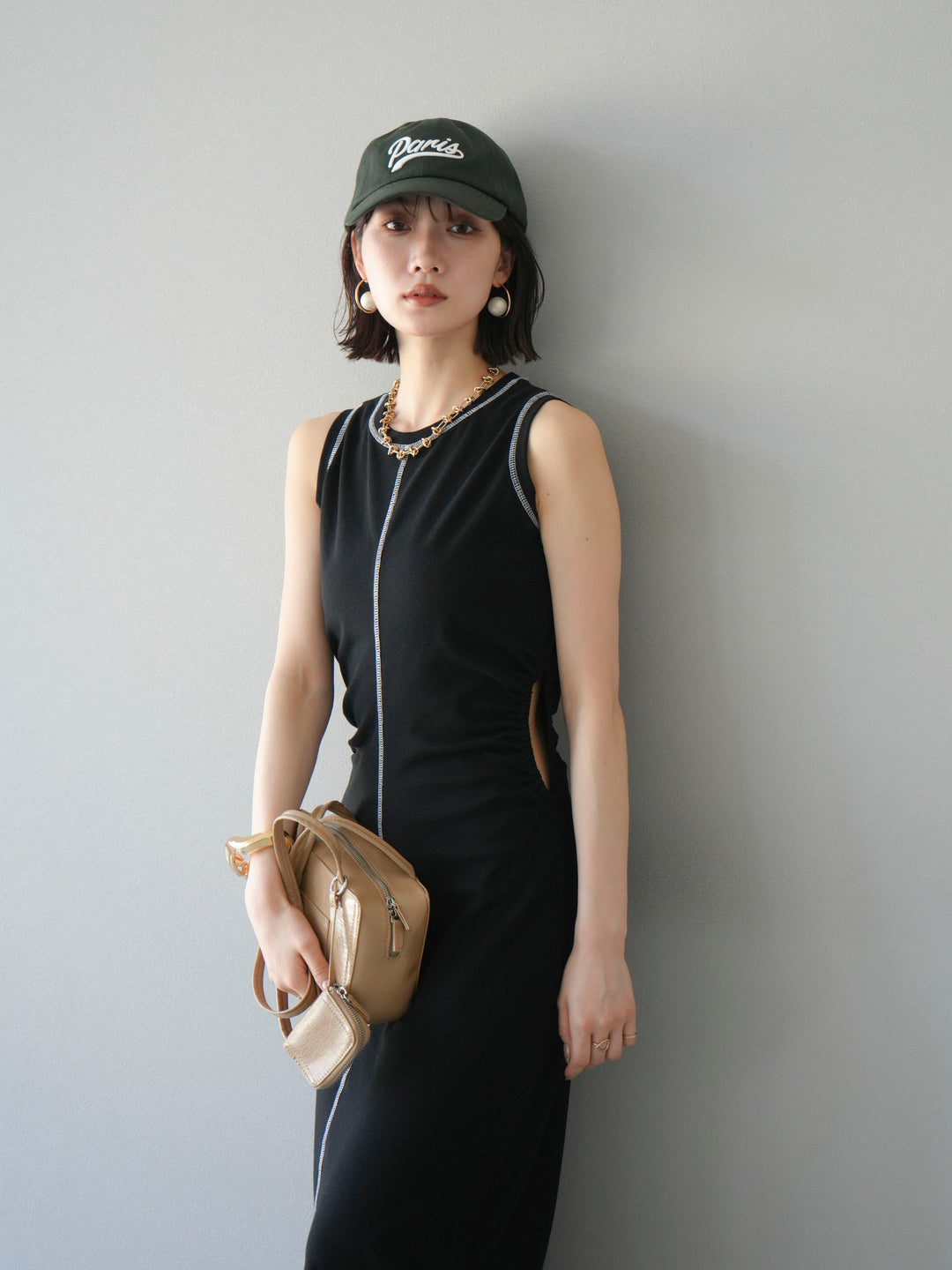 [予約]ウエストオープンステッチカットワンピース/ブラック