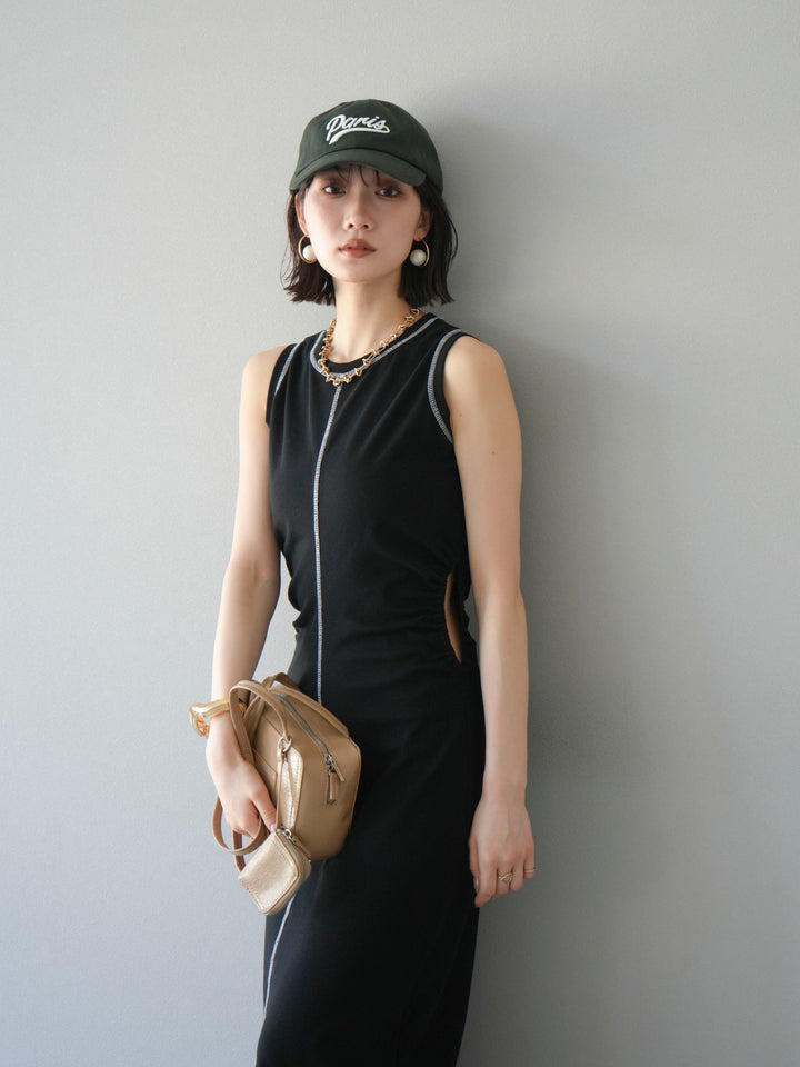 [予約]ウエストオープンステッチカットワンピース/ブラック