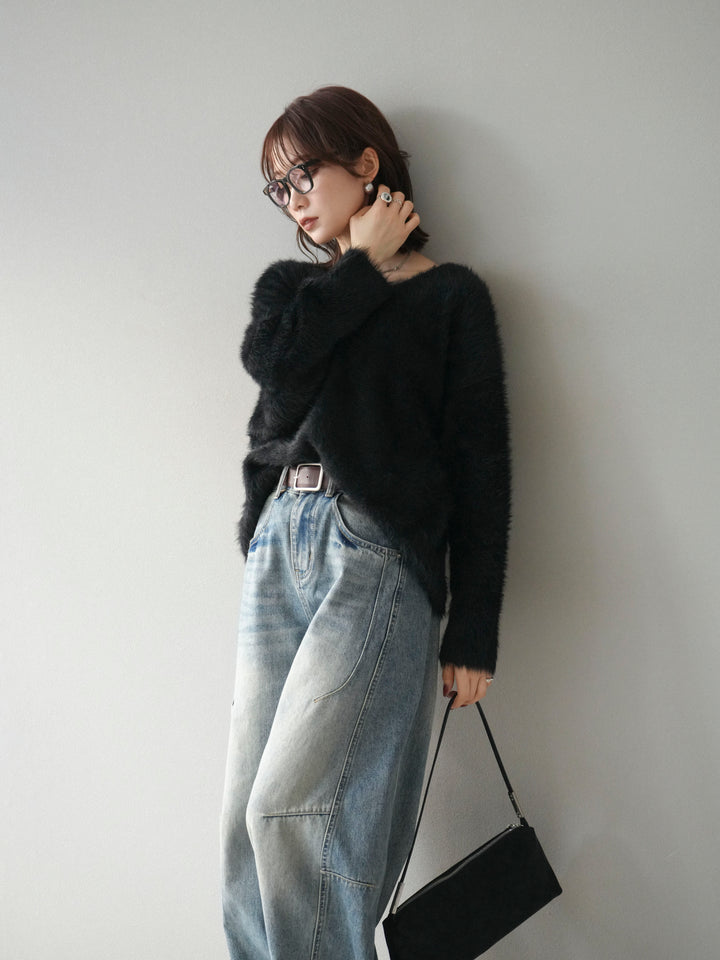 [予約]バックリボンVネックシャギーニットプルオーバー/black