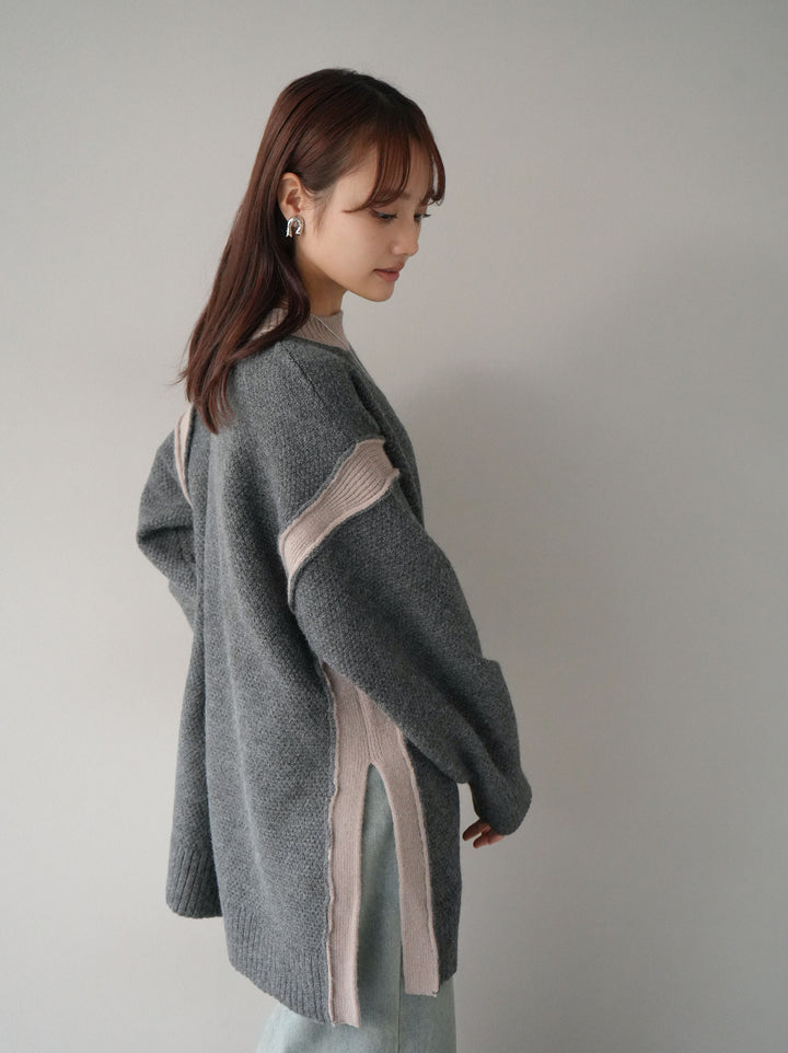 【預訂】側開衩拼色針織套頭衫/炭灰
