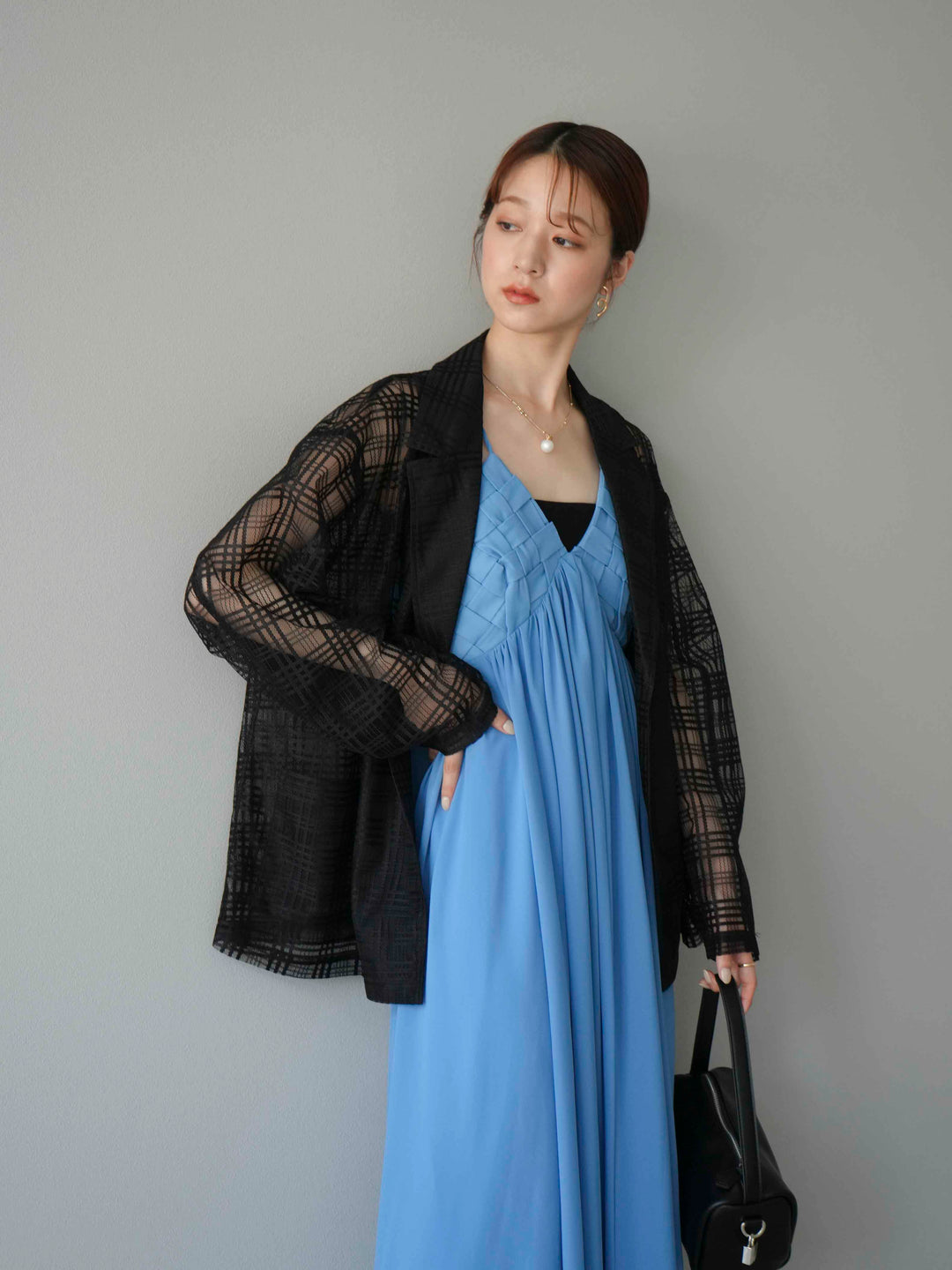 [予約]編み込みデザインシフォンワンピース/ブルー