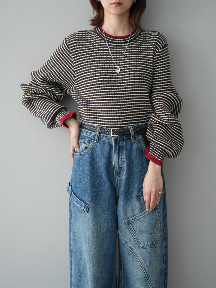 [SET]ラメ異素材ボーダーリブニットプルオーバー+ペインターカーブデニムパンツ(2set)