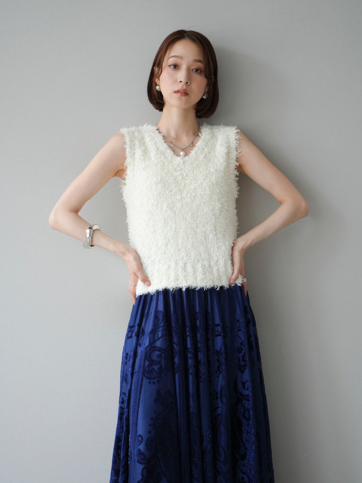 [SET]テープヤーンフリンジニットベスト+アンティーク柄フロッキーマキシスカート(2set)
