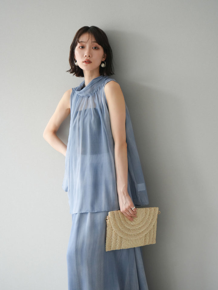 [SET]ニュアンスシアーホルターネックブラウス+ニュアンスシアーフレアスカート(2set)