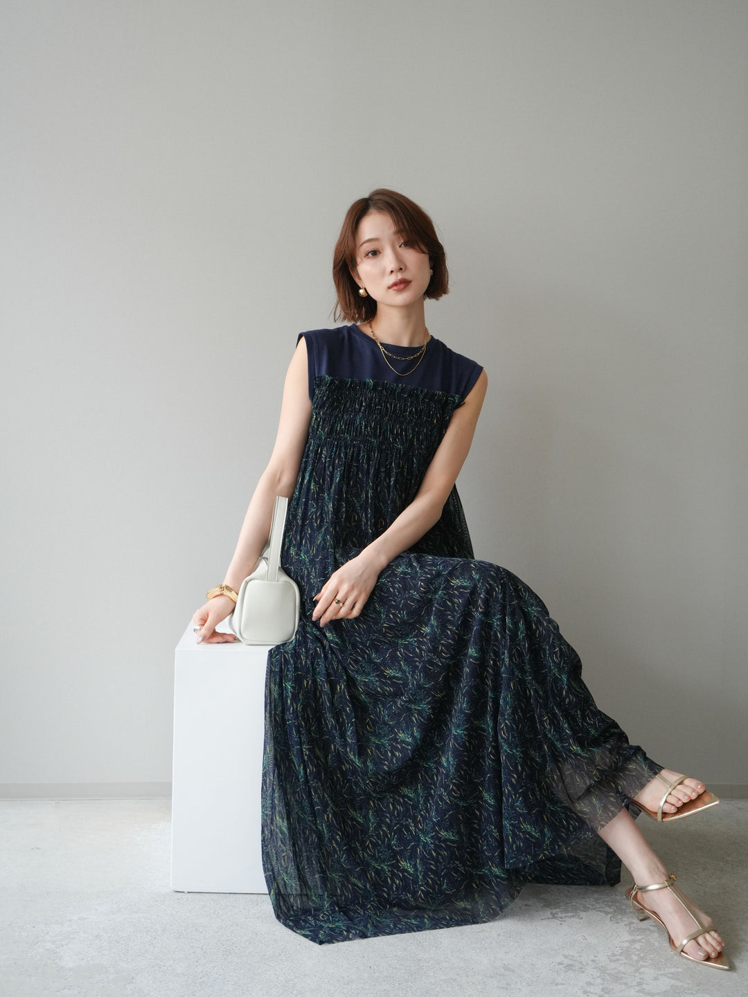 [予約]チュールプリントノースリーブトップス/navy