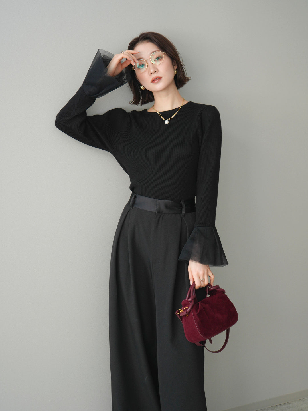 [SET]袖チュールパワショルリブニットトップス+袖チュールパワショルリブニットトップス(2set)