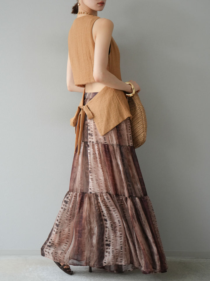 [SET]リネンタッチバックオープンベスト＆ニュアンス柄マキシスカートSET UP(2set)