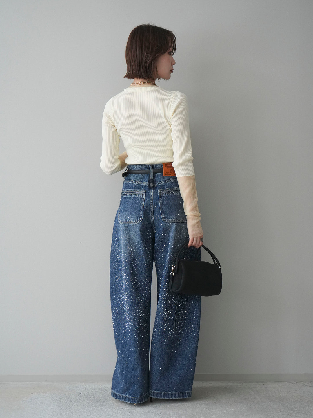[SET]リブラメシアー切替リブニットトップス+ラインストーンカーブデニムパンツ(2set)