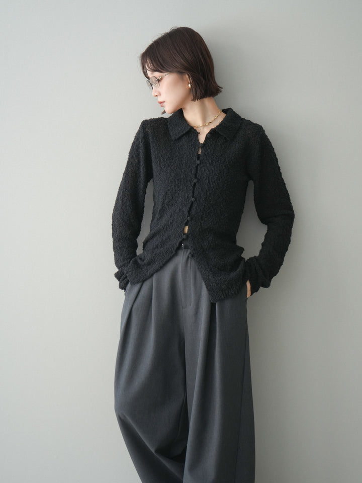 [予約]透かし編みブークレポロニットトップス/black