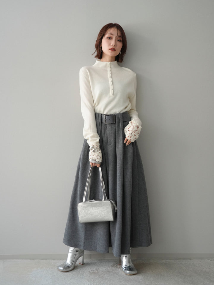 [SET]袖スカラップレースフロントボタンウールニットトップス+ベルト付きベルトループスカート(2set)