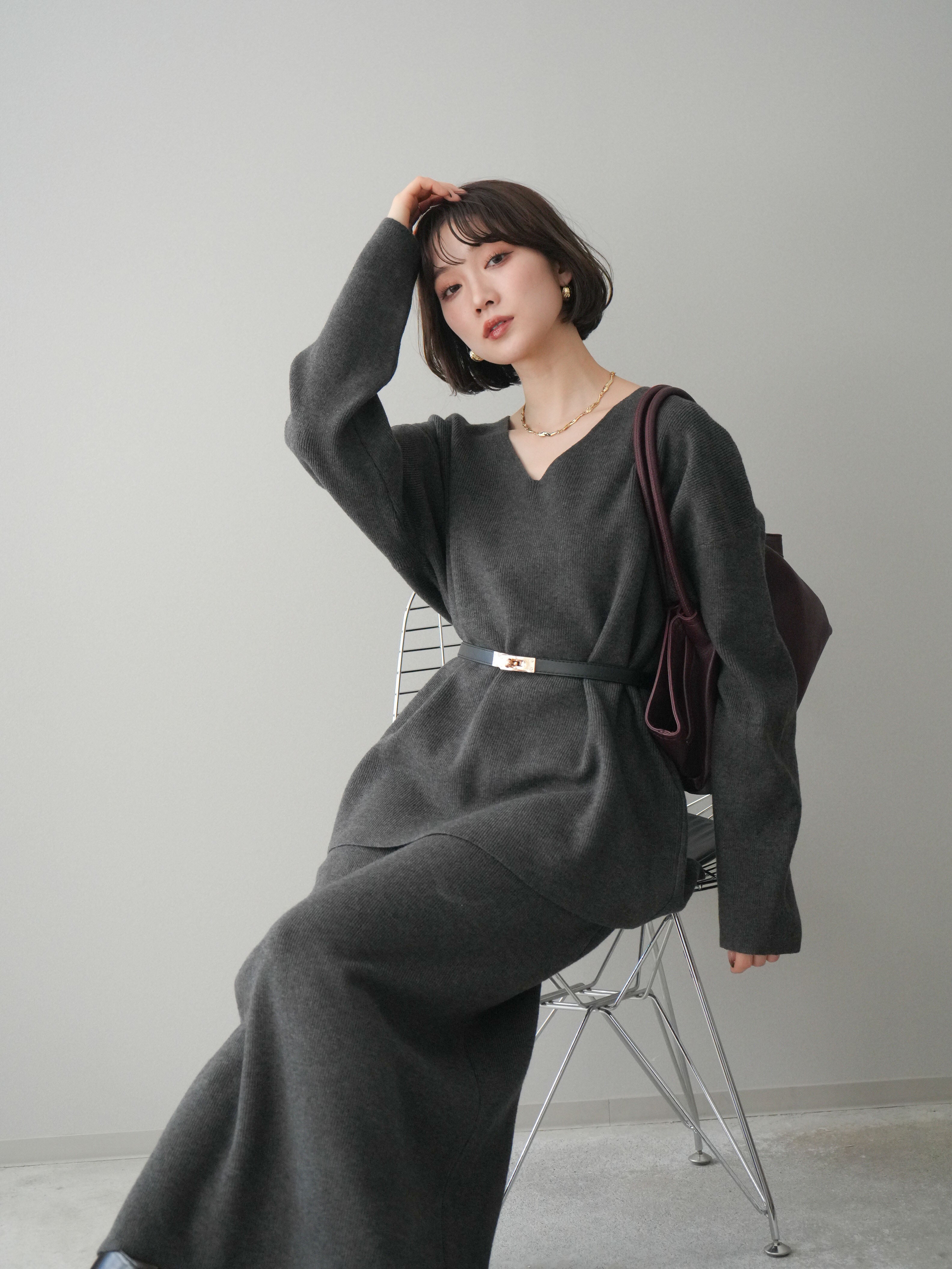 ベルト付きニット＆スカート　セットアップ ベルト付きニットトップス×ラメチェックシアースカートセットアップ