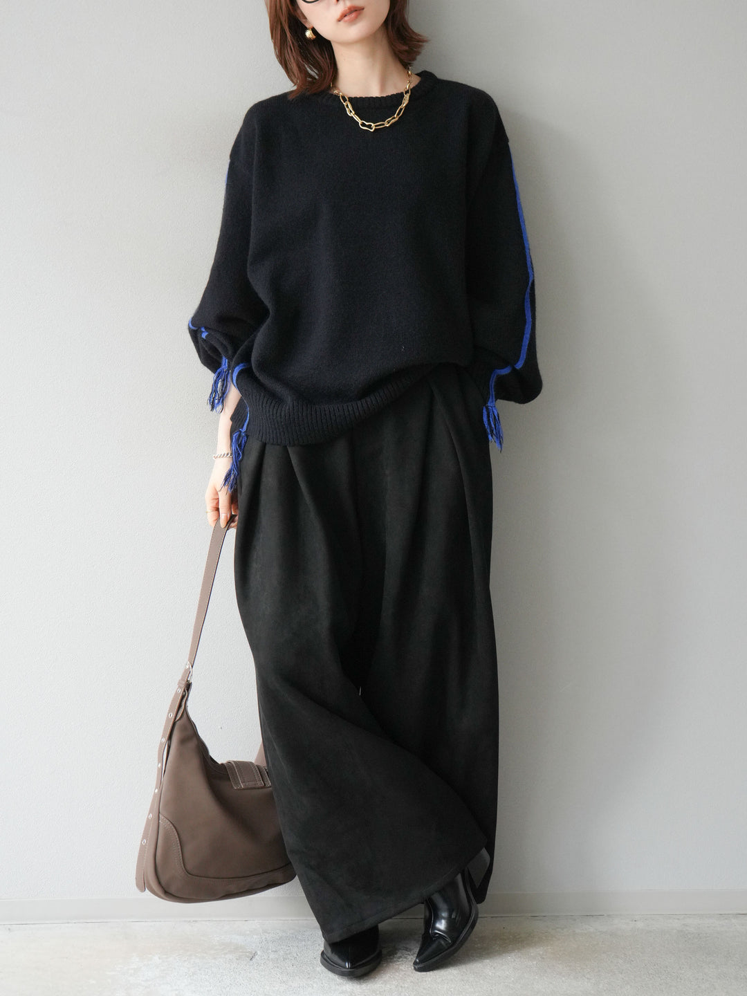 [SET]配色ステッチフリンジニットプルオーバー +スウェードタックワイドパンツ(2set)