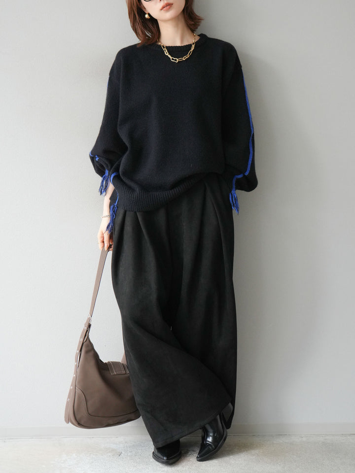 [SET]配色ステッチフリンジニットプルオーバー +スウェードタックワイドパンツ(2set)