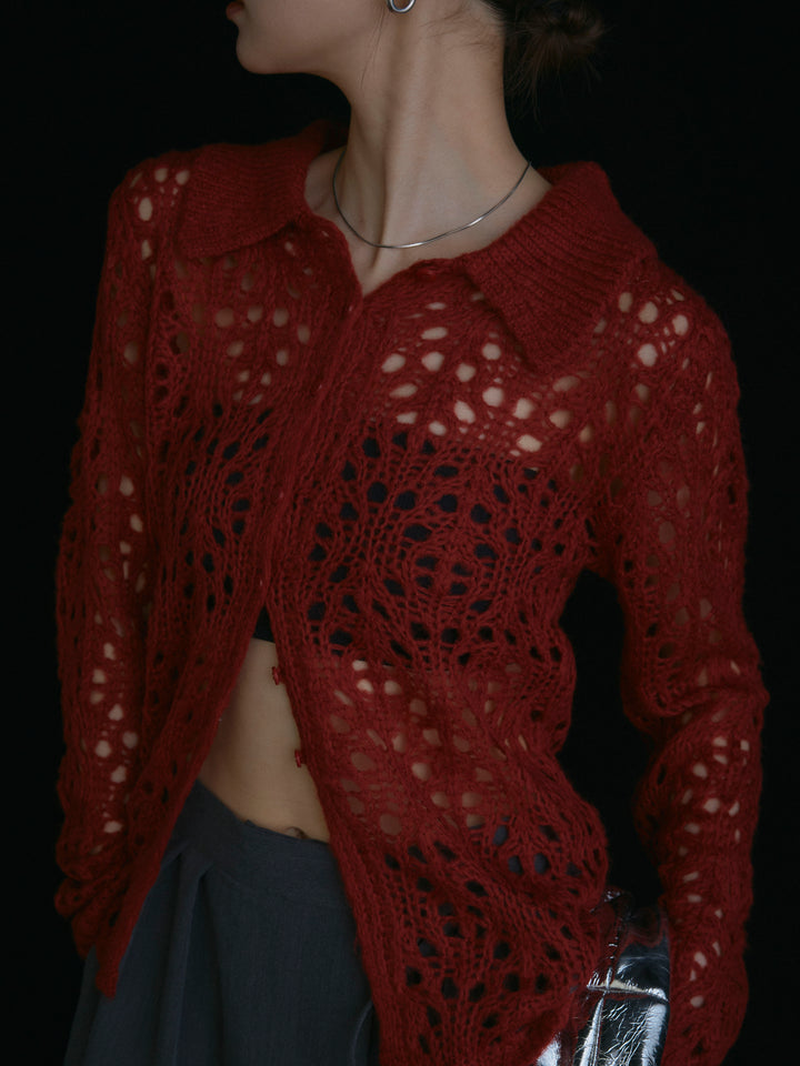 [予約]ローゲージ透かし編みポロニッカーディガン/レッド