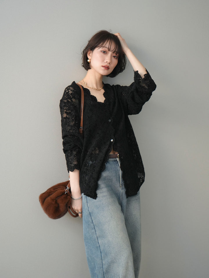 [予約]Vネックレースブラウス/black
