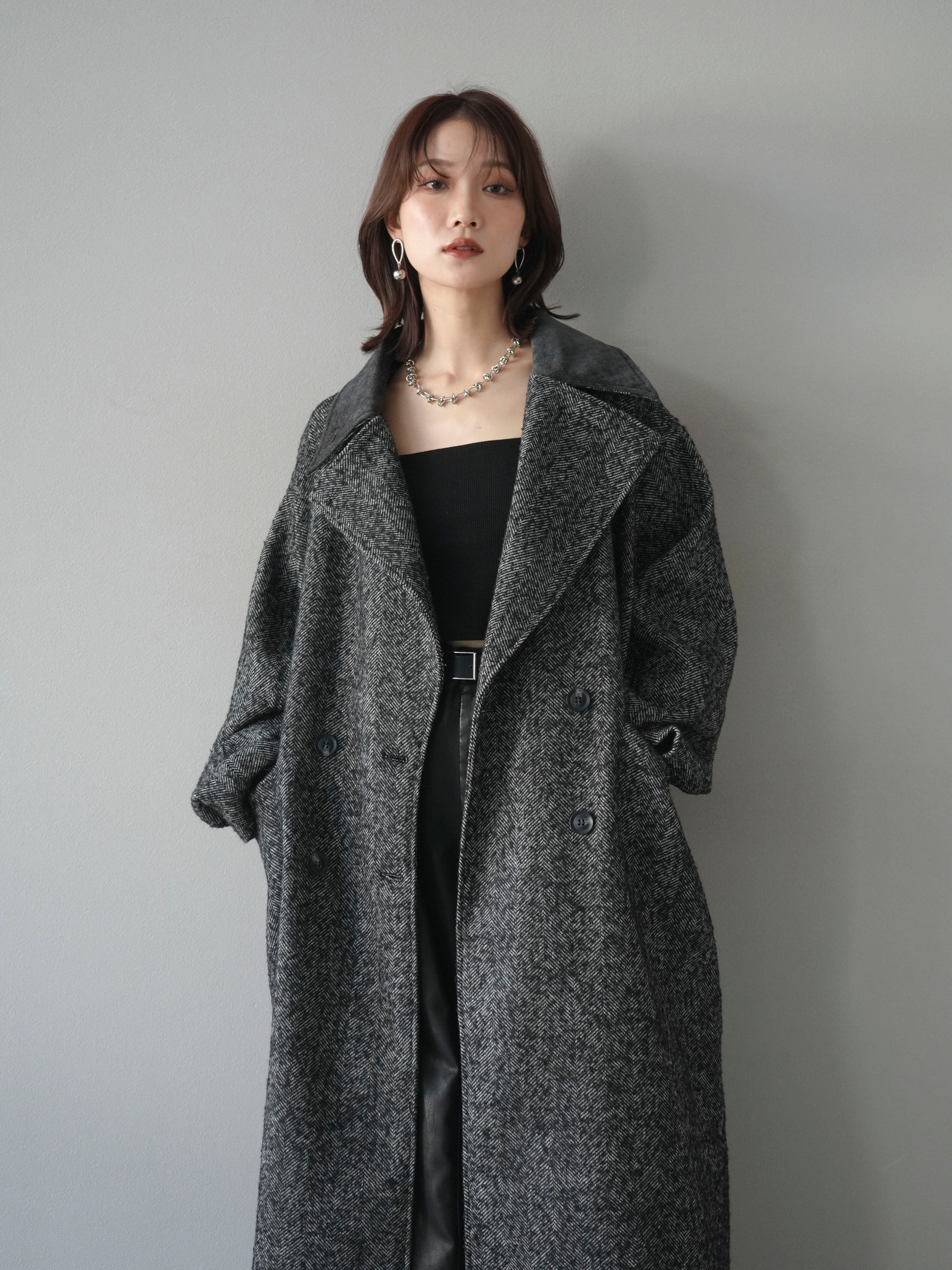 30%OFF]ネップヘリンボーンレザー襟チェスターコート/charcoal
