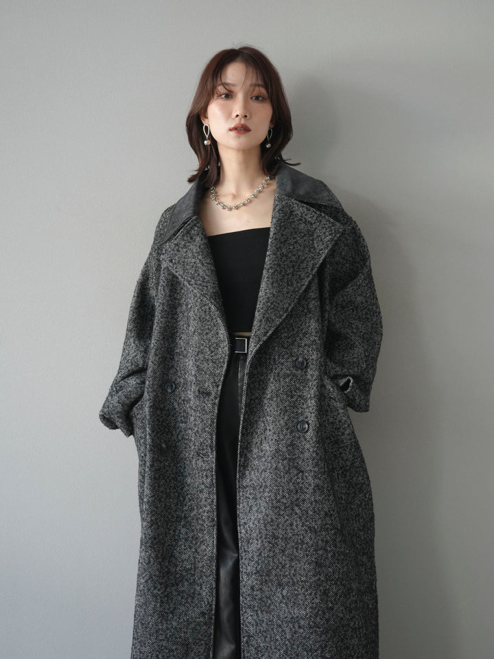 [予約]ネップヘリンボーンレザー襟チェスターコート/charcoal