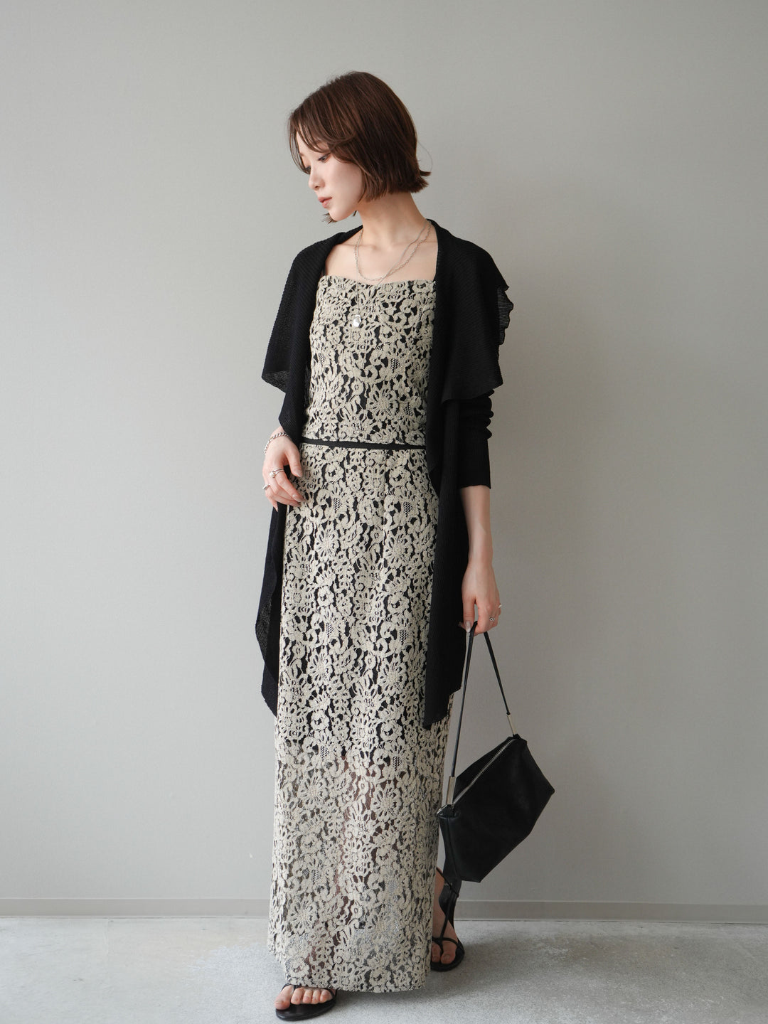 [SET]ドレープリブニットガウン+フルレースキャミ＆IラインスカートSET UP(2set)