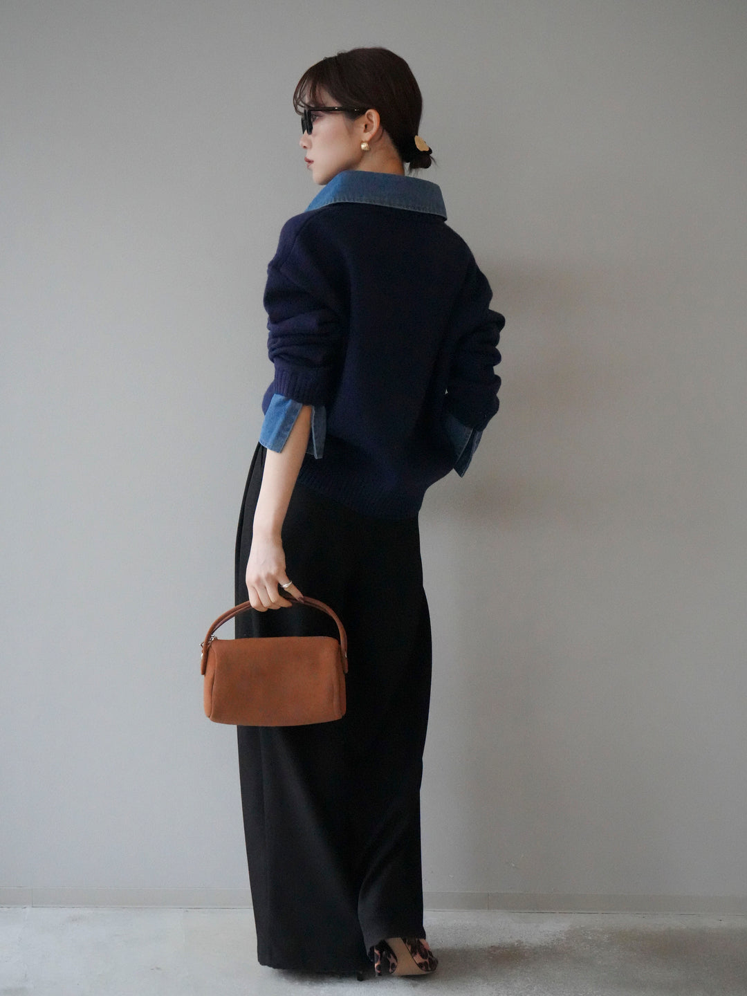 [SET]デニム襟ポロニットプルオーバー+ベルトループデザインワイドパンツ(2set)