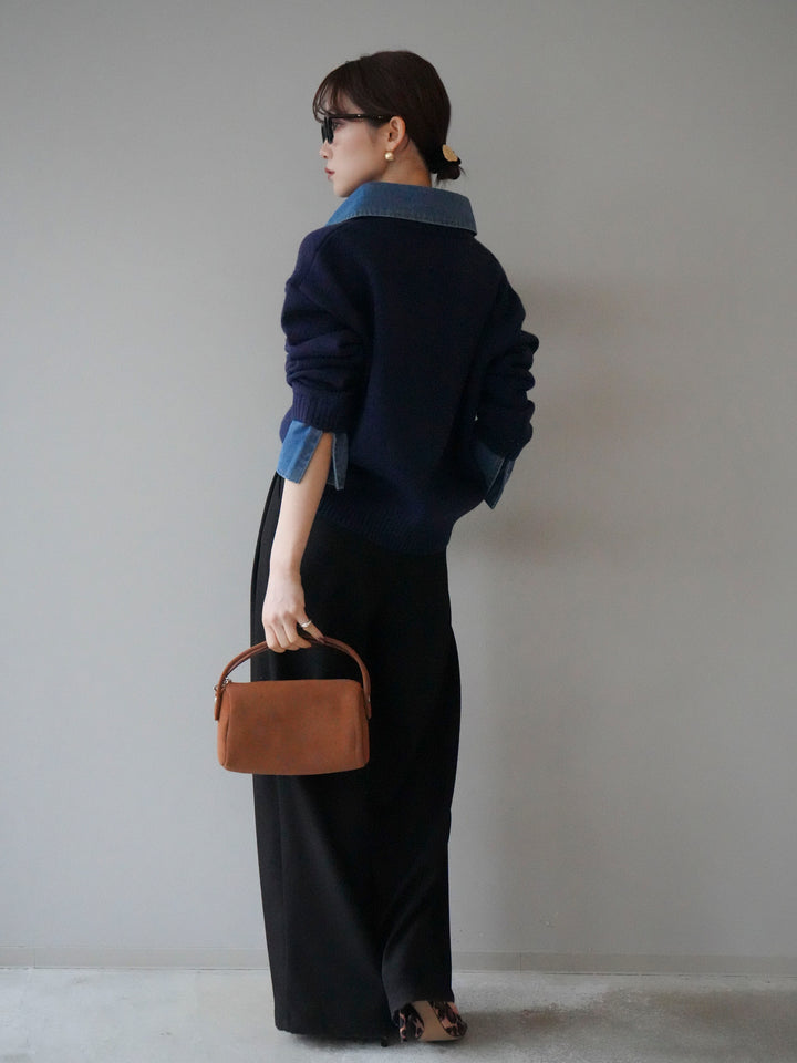 [SET]デニム襟ポロニットプルオーバー+ベルトループデザインワイドパンツ(2set)