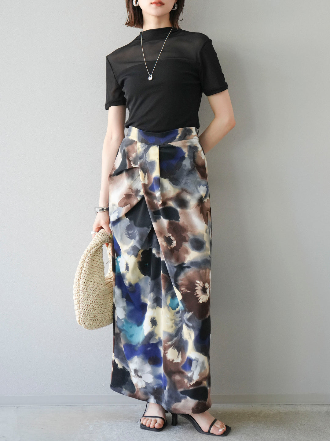 [SET] 透視半袖上衣 + 水彩印花褶襉I字裙 (2set)