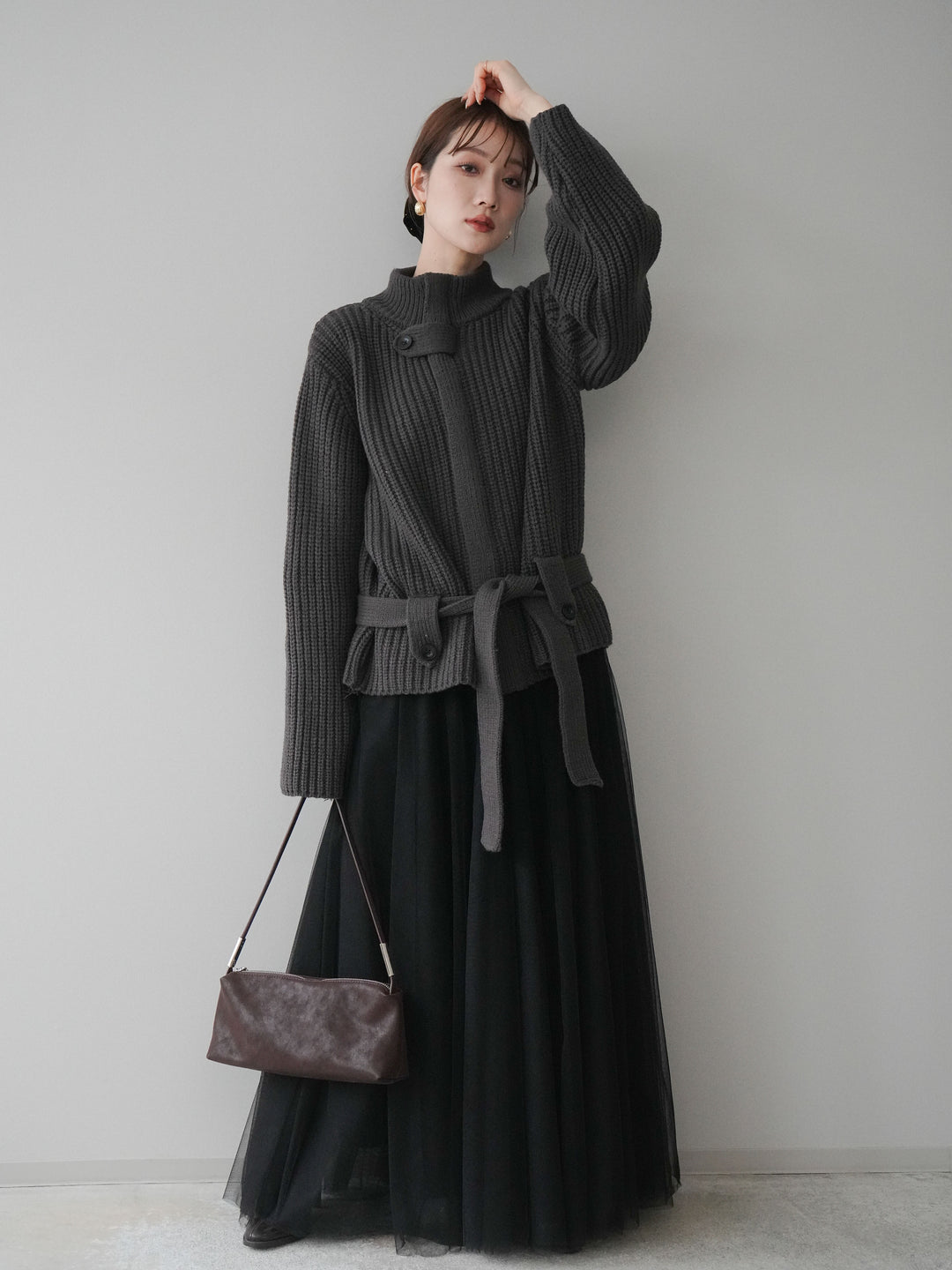 [SET]畦編みボトルネックZIPニットカーディガン+チュールボリュームスカート(2set)