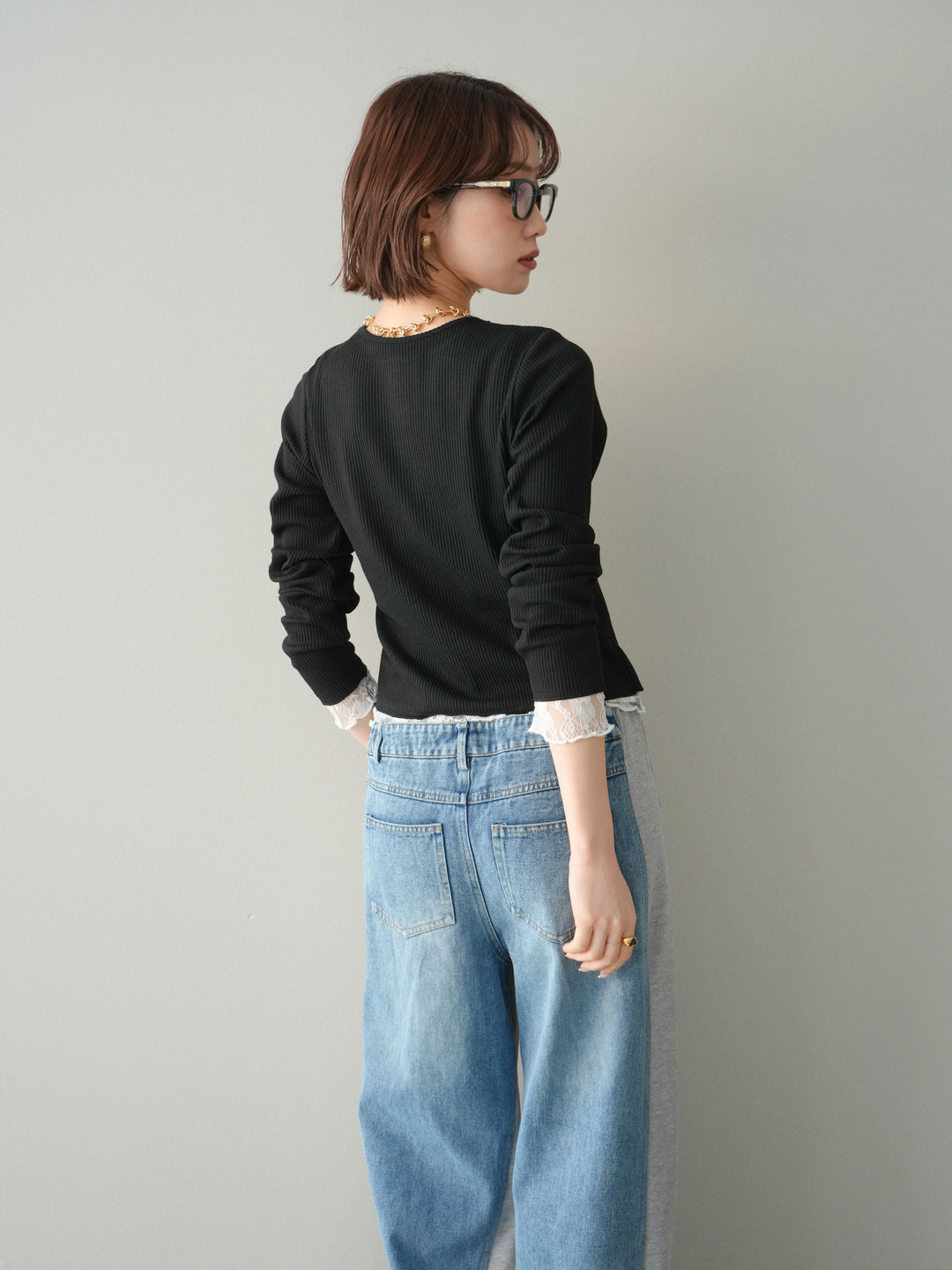 [SET]レースドッキングテレコリブカーディガン+デニム切替スウェットパンツ(2set)