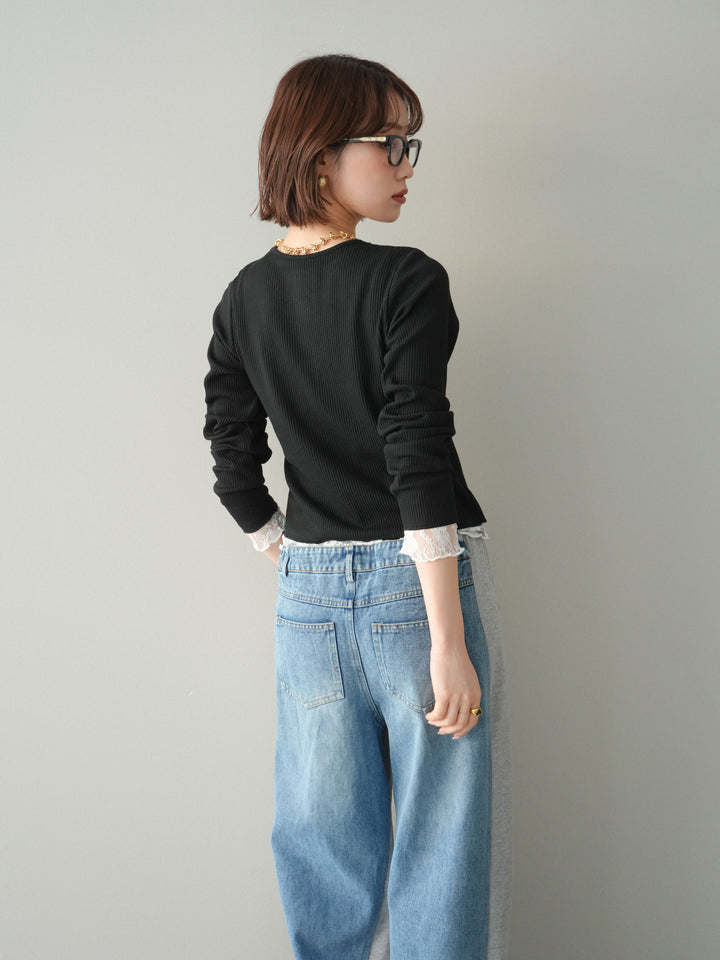 [SET]レースドッキングテレコリブカーディガン+デニム切替スウェットパンツ(2set)