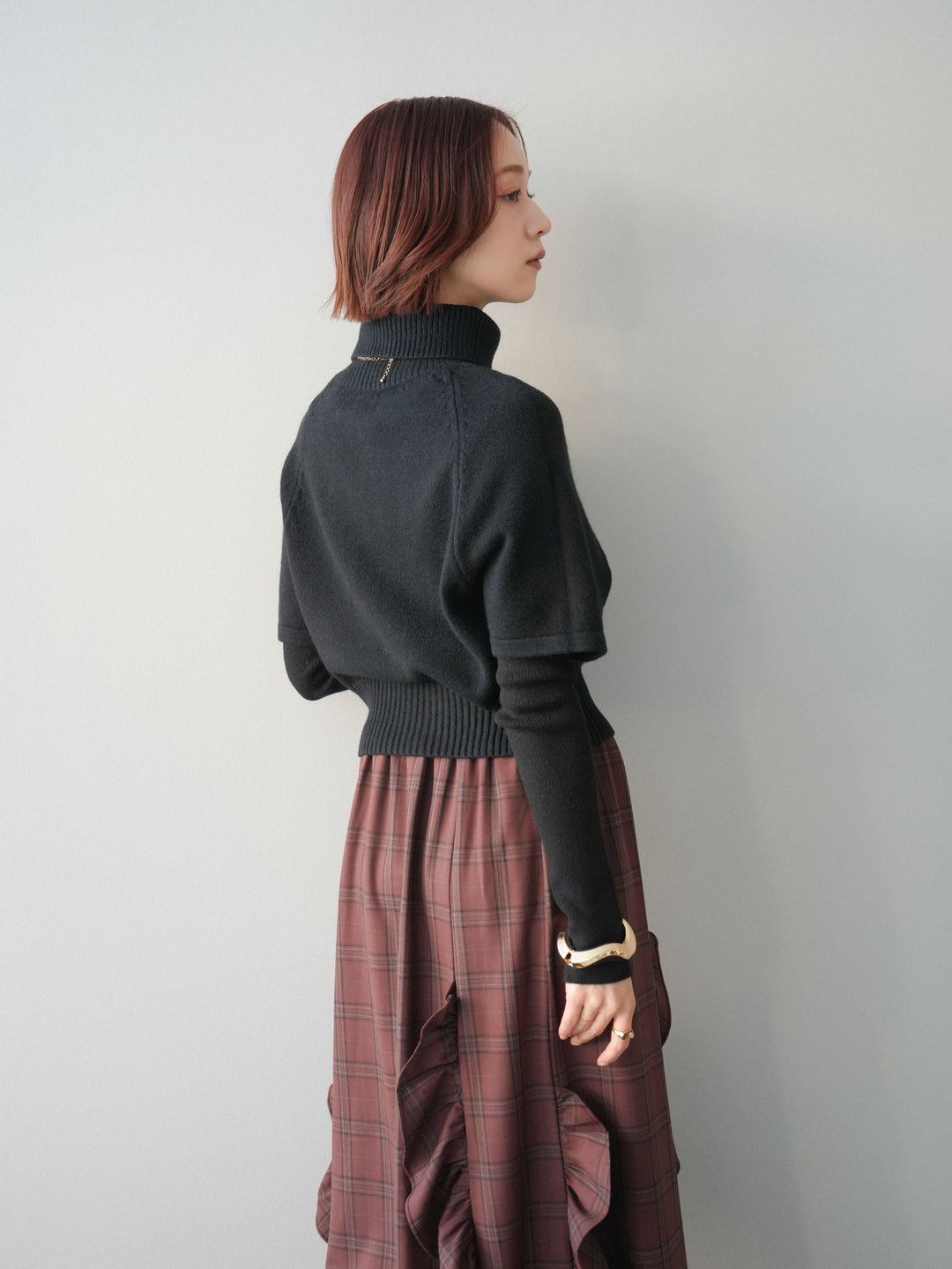 [予約]ケーブル編みタートルハーフスリーブニットアンサンブル/black