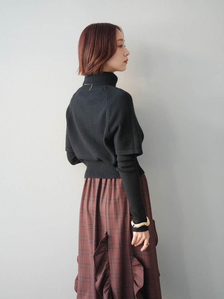 [予約]ケーブル編みタートルハーフスリーブニットアンサンブル/black