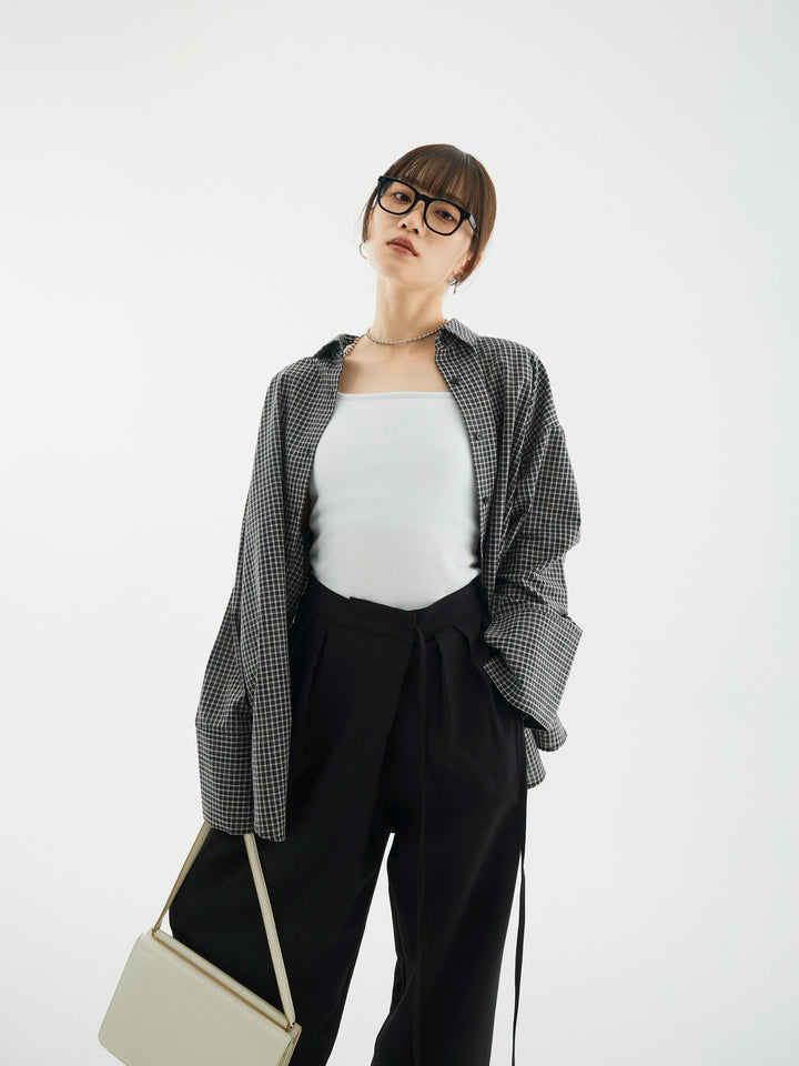 【Allure】[SET]チェックBIGカフスオーバーシャツ+ラップデザインタックワイドパンツ(2set)
