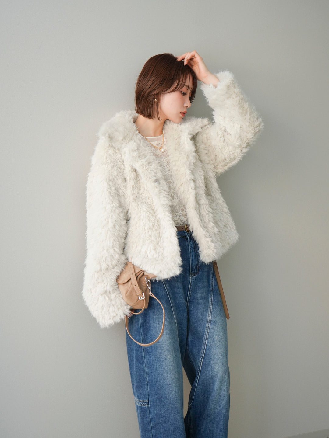 [SET]フェイクファー襟付きショートブルゾン+選べるアクセセット(2set)