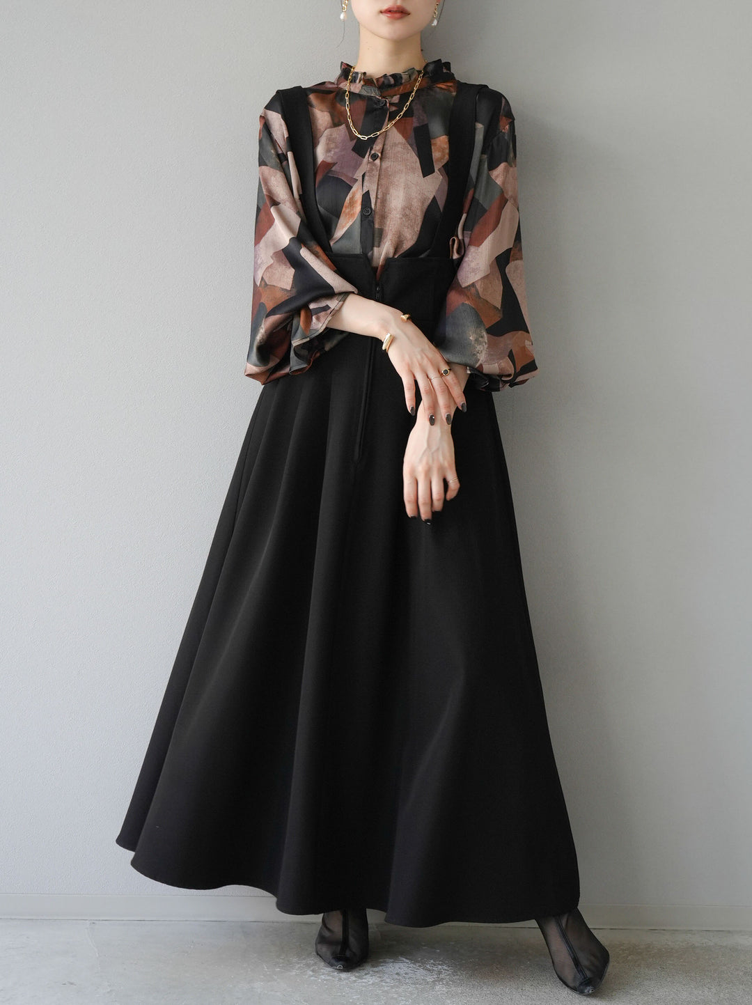 [SET]レトロプリントフリルブラウス+選べるアクセセット(2set)