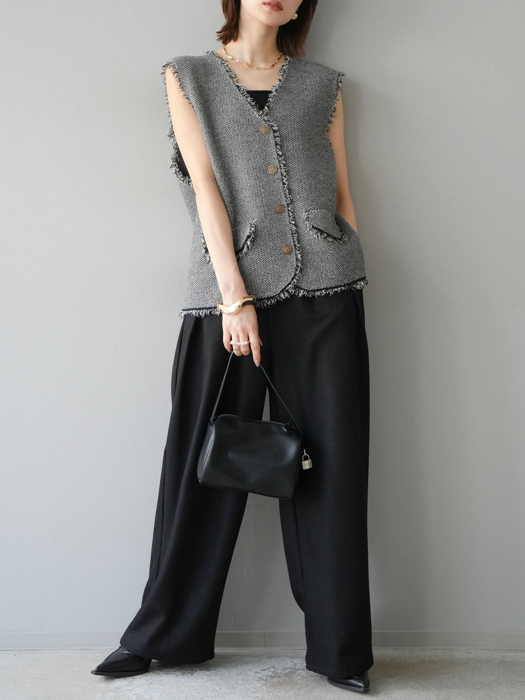 [予約]ツイードライクフリンジニットベスト/ブラック