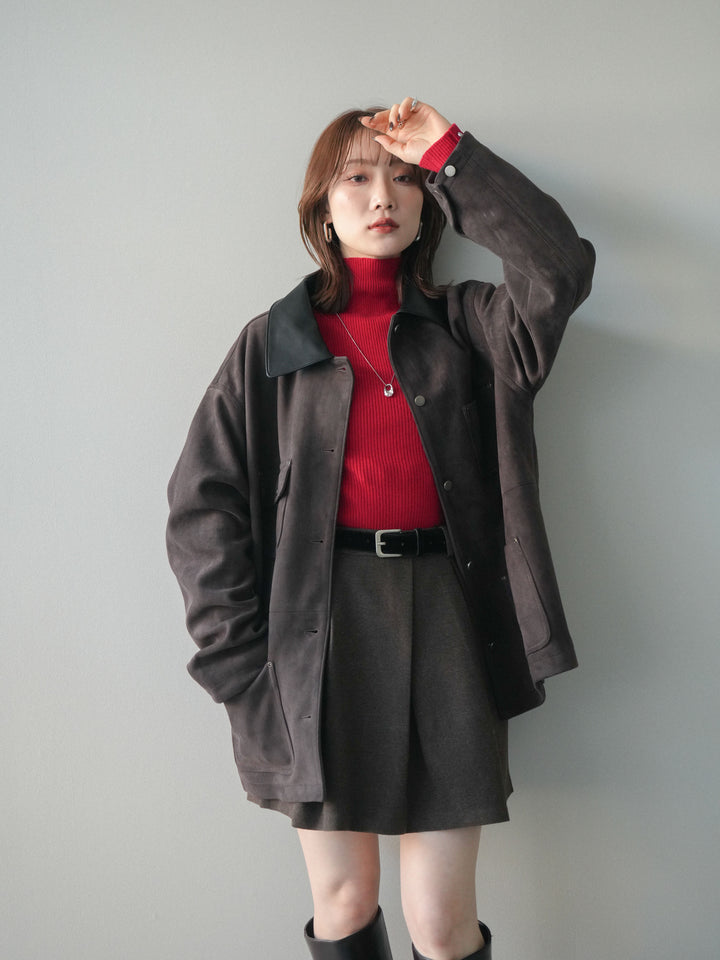 [SET]襟レザーステンカラースエードジャケット+袖ボタンボトルネックリブニットトップス+ベルト付きタックミニスカート(3set)