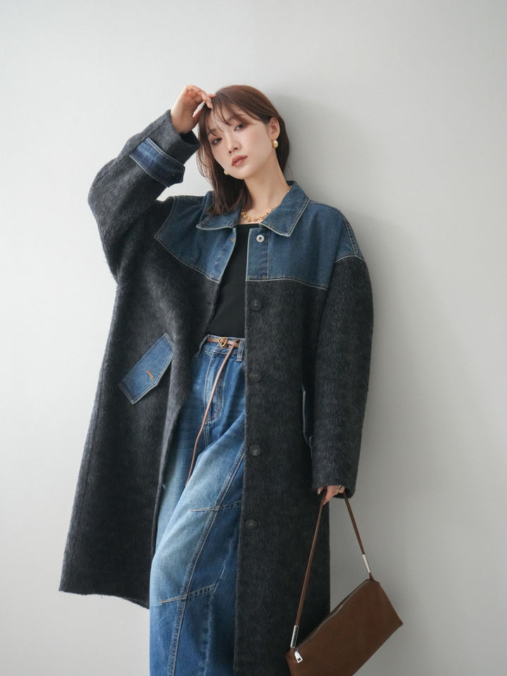 [SET]デニム切替シャギーステンカラーコート+選べるアクセセット(2set)