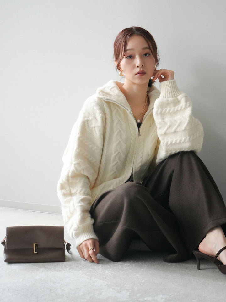 [SET]ケーブル編みハイネックZIPニットカーディガン+アニマル柄ベルト付きウールタッチワイドパンツ(2set)