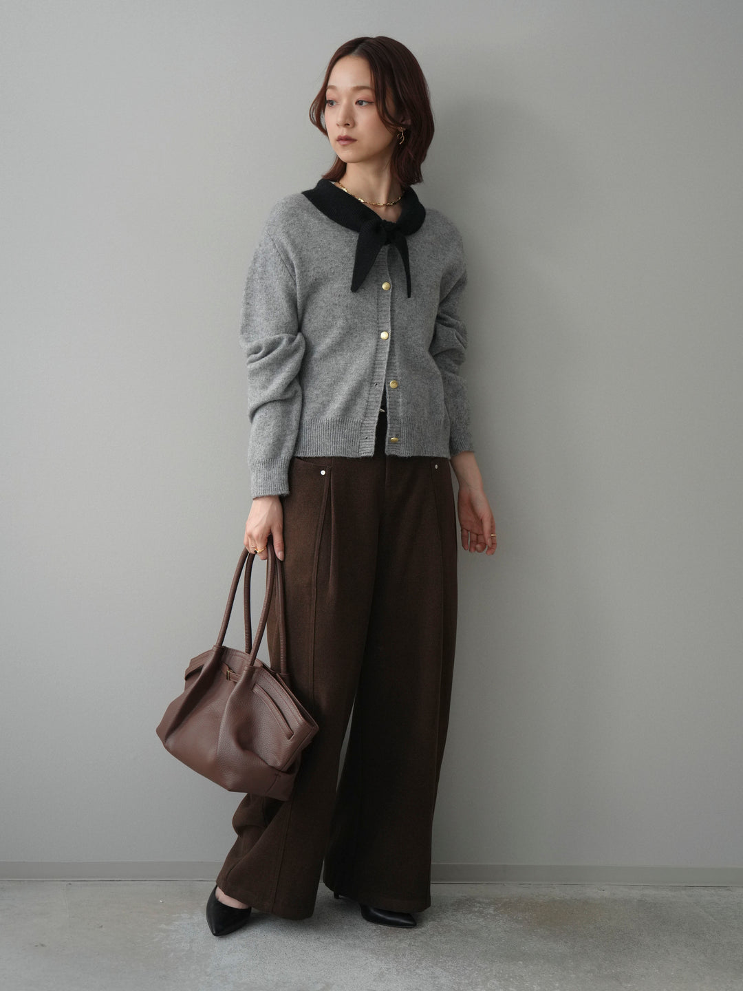 [SET]デザイン襟ニットカーディガン+ベルト付起毛コクーンパンツ(2set)