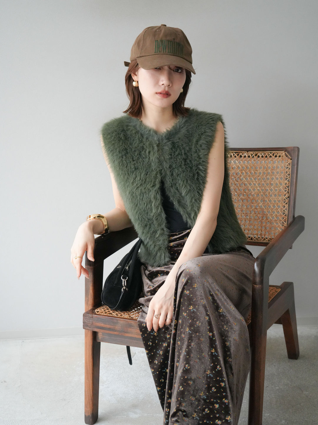 [予約]ミンクライク前後2WAYショートジレ/カーキ