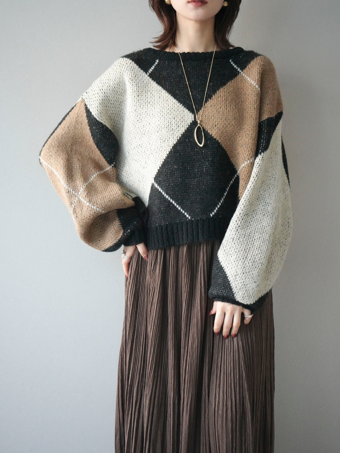 [SET]配色ステッチアーガイル柄ニットプルオーバー+配色ステッチアーガイル柄ニットプルオーバー(2set)