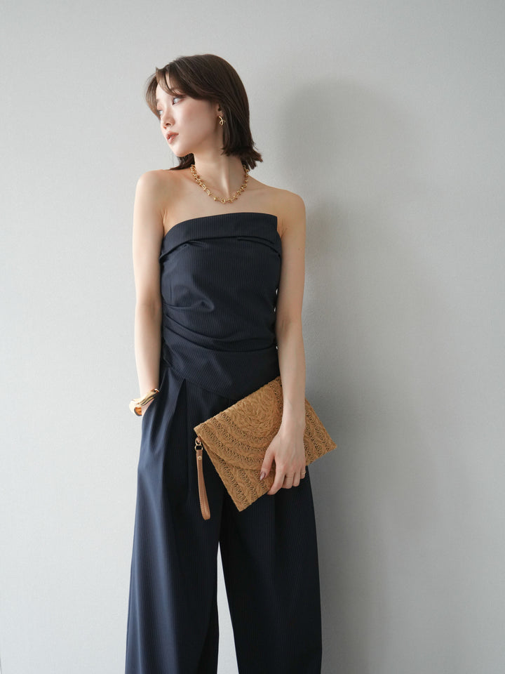 [SET] 條紋褶襉露肩上衣＆寬褲 SET UP (2set)