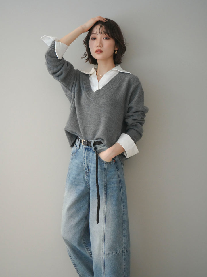 [予約]シャツドッキングVネックニットトップス/gray