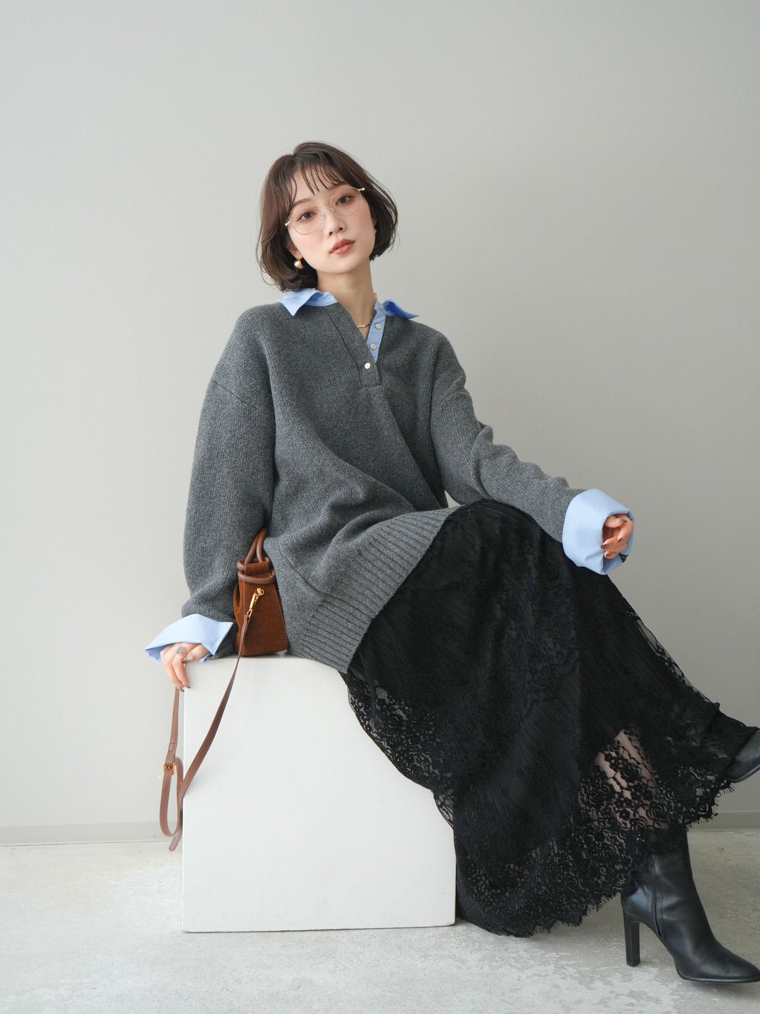 [予約]シャツドッキングオーバーニットプルオーバー/charcoalsax