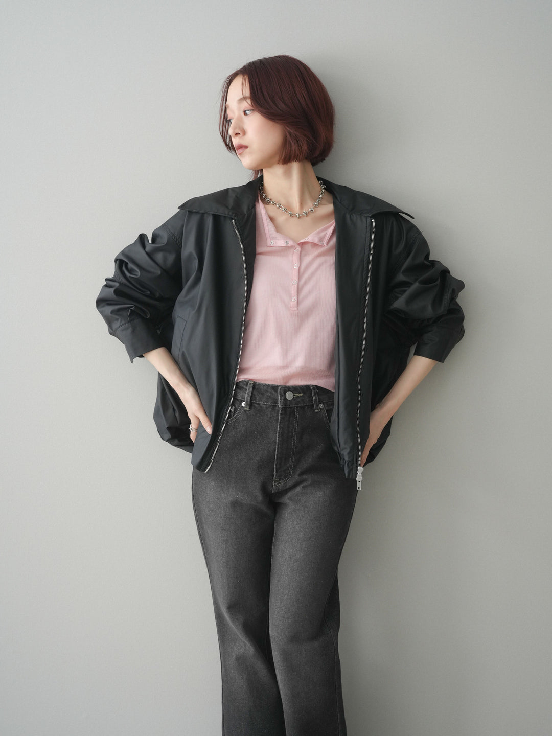 [予約]ウォッシャブルフェイクレザーバルーンジャケット/black