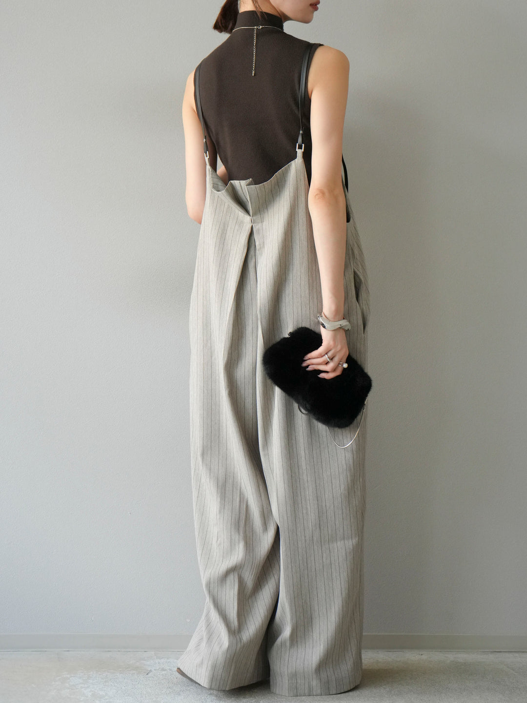 [予約]ヘリンボーンストライプサロペット/グレージュ